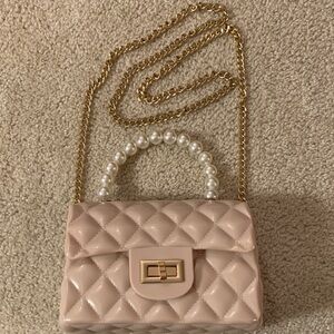 Mauve Quilted Jelly Plastic Small Purse w/ Gold Metal Chain & Faux Pearl Handle